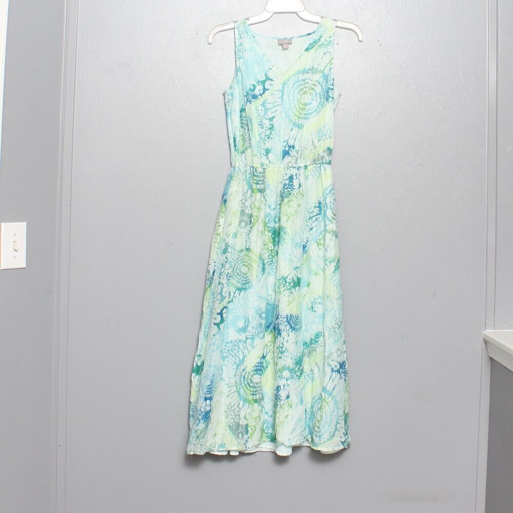 J. Jill Classic Silk Cotton Blue Green Tie Dye V-Neck Sleeveless Midi Dress